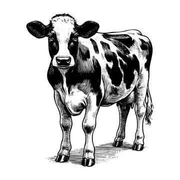 Dairy cow sketch engraving black and white outline. Scratch board imitation.  illustrated in vintage line art style on a white background.