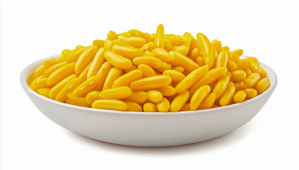 Top view of a bowl filled with yellow beans isolated on white background, with clipping path, high-resolution close-up, clean and minimal composition.