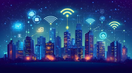 Obraz premium Illuminated cityscape at night, overlaid with interconnected technology symbols.