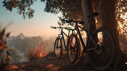 Two mountain bikes resting by a tree, bathed in golden light. Adventure and serenity in nature's embrace.