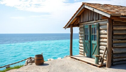 Fototapeta premium Rustic Rimini beach cabin, weathered wood, sea view, shabby chic, door