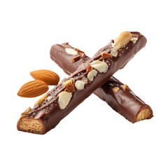 Chocolate covered almond sticks are isolated on transparent background for a sweet treat