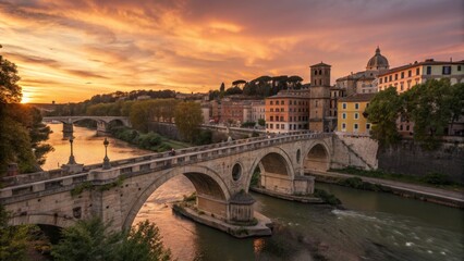 Obraz premium Sunset over Ponte Sisto, Rome Architectural Landscape Photography, Italy, Bridge, River, Cityscape Rome, Italy