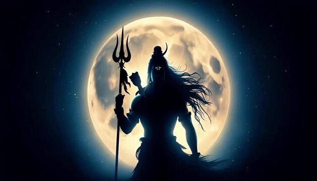 Shiva, the Hindu god, silhouetted under a luminous full moon, embodying divine power with his trishula. Ancient Indian mythology, spiritual enlightenment, cosmic mystery, religious icon. Strength