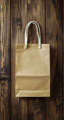 Top view of a realistic paper bag mockup placed on a rustic wooden surface, showcasing packaging design and texture details -