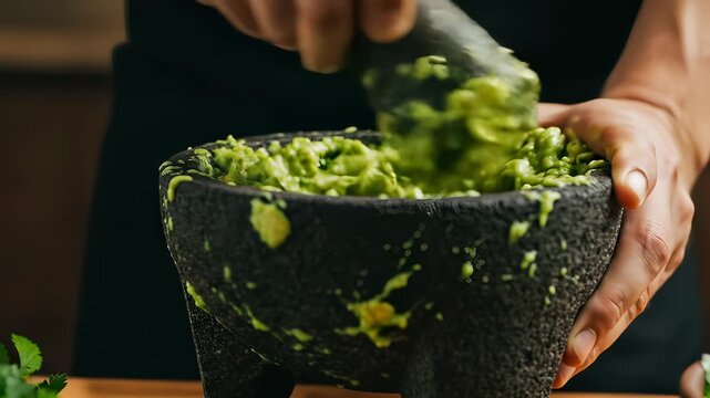 Preparing Authentic Guacamole: Hand-Mashing Avocados in a Traditional Molcajete