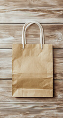 Top view of a realistic paper bag mockup placed on a rustic wooden surface, showcasing packaging design and texture details -