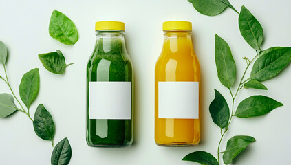 Two bottles of green and yellow juice with blank labels on a clean white background, with fresh green leaves on the right, creating a natural freshness.