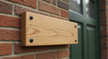 Light Oak Wooden Sign on Brick Wall Near Green Door