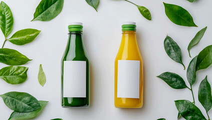 Two bottles of green and yellow juice with blank labels on a clean white background, with fresh green leaves on the right, creating a natural freshness.