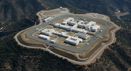 Aerial view of a large, sprawling, low-rise complex nestled within a mountainous landscape.  The facility is surrounded by a perimeter road and security features.