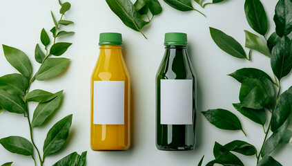 Two bottles of green and yellow juice with blank labels on a clean white background, with fresh green leaves on the right, creating a natural freshness.