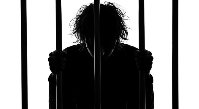 Silhouette of a person behind prison bars, looking trapped and confined.