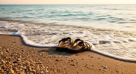 Obraz premium Golden Hour Sandals on a Sandy Beach Shore