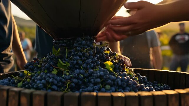 Harvest celebration: Traditional wine making process with crushing ripe grapes