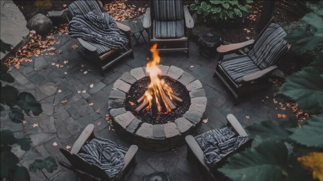 A cozy outdoor fire pit set in a patio surrounded by stone seating, perfect for autumn gatherings.