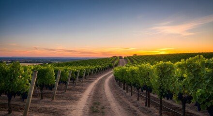 Fototapeta premium Vineyard Sunset Path: Rows of Grapes at Golden Hour