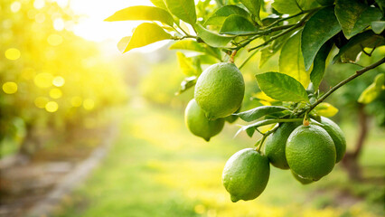 Green Lemons tree in garden in natural warm sunlight background
