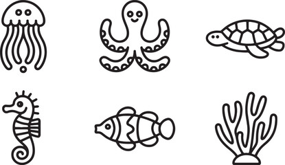 Sea Creatures Ocean Animals Icons Set