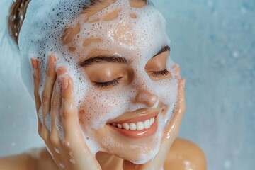 Fresh face wash scene with smiling woman rinsing foam off face, clean bathroom
