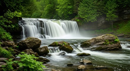Fototapeta premium Serene Waterfall Cascading Through Lush Green Forest
