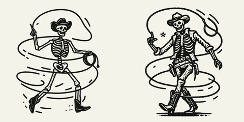 Skeleton as cowboy Twirling a lasso. Halloween Skull Bones Clipart Line Art Vector Illustration. Bony man rancher spinning rope western theme image for.