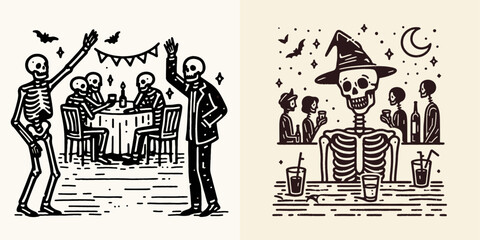 Skeleton at a Halloween party. Skull Bones Clipart Line Art Vector Illustration. Bony figure enjoys costume bash spooky fall holiday gathering.
