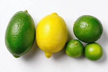 Fresh citrus arrangement: large limes, yellow lemon, small lime fruits, white background flat lay, bright shadowless