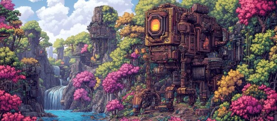 Steampunk walker nestled amidst a vibrant, pixelated forest landscape painting
