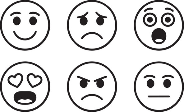 Six expressive faces smiling sad surprised in love angry neutral emoji expressions