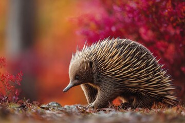 Fototapeta premium Spiny Echidna Wandering Through Warm Autumn Woodland With Vibrant Foliage in Background and Empty Right Layout