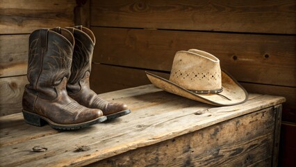 Western Boots and Hat Still Life Rustic Wooden Chest Composition, Cowboy Gear, Vintage, Western, Rustic ,Cowboy,Still Life