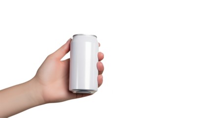 Hand holds a refreshing white soda can isolated on transparent background