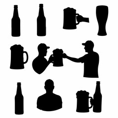 Fototapeta premium Collection of Beer Silhouettes: Bottles, Mugs, Glasses, and People Drinking and Serving Alcohol