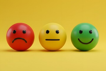 Three emoji faces representing sad, indifferent and happy. Concept for customer feedback, satisfaction ratings and emotional response or survey results.