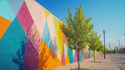 Vibrant geometric mural adorns a sunny city wall, contrasted by leafy trees and a sidewalk - Powered by Adobe