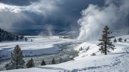 Winter Geyser Eruption Snowy Landscape, Dramatic Clouds, Yellowstone, Geothermal Yellowstone, Winter