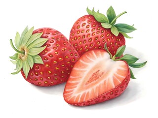 Realistic watercolor painting of three fresh strawberries one cut in half