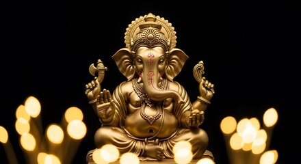 Fototapeta premium A golden statue of lord ganesha, the hindu deity with an elephant head, sits in a meditative pose, surrounded by soft, glowing bokeh lights against a dark background, symbolizing wisdom and prosperity