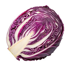 Fototapeta premium Close up of a vibrant red cabbage cut in half showing its layered texture isolated on transparent background