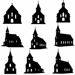 Obraz premium Diverse collection of nine black church silhouettes on a white background, featuring various architectural styles and religious symbols.