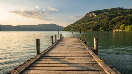 Fototapeta premium Wooden Dock at Sunset Over Lake, Landscape Photography, Serene Nature, Switzerland, Lake Como Lake, Switzerland