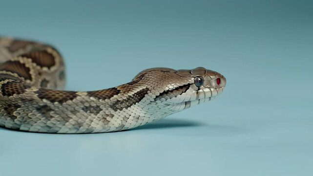 Detailed Close-up of a Python Snake with Intricate Scale Patterns and Red Eye Against a Soft Blue Background
