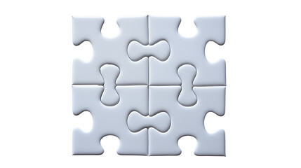 A complete jigsaw puzzle assembled with four white pieces isolated on transparent background
