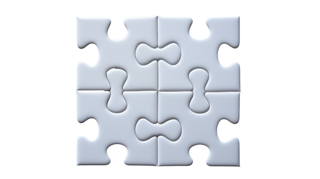 A complete jigsaw puzzle assembled with four white pieces isolated on transparent background