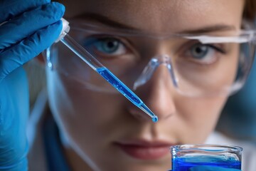 Close up of a female scientist analyzing a blue specimen