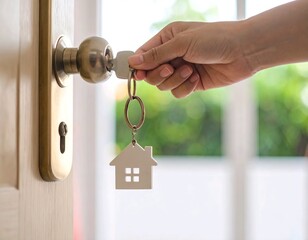 Hand Holding House Key Unlocking Door with Home Keychain