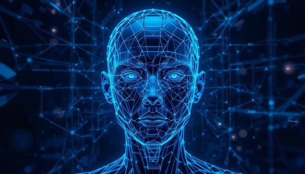 Embrace the future of AI identity and digital humans with this cybernetic wireframe face design ideal for tech-focused content