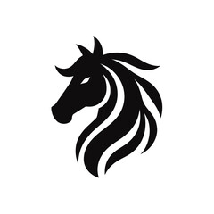 A stylized black silhouette of a horse's head, facing left, with a flowing mane and sharp, defined features.
