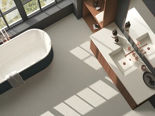 Fototapeta premium Elegant modern bathroom design featuring a freestanding bathtub and a double vanity with contemporary fixtures and warm wood accents creating a serene spa-like atmosphere bathed in natural light